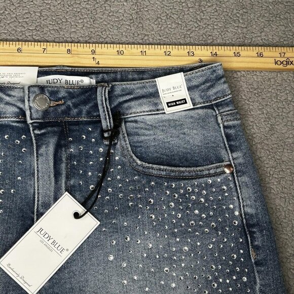 Judy Blue Jean Shorts Womens Medium Blue Denim High Waist Studded Fringed Hem - Picture 8 of 10